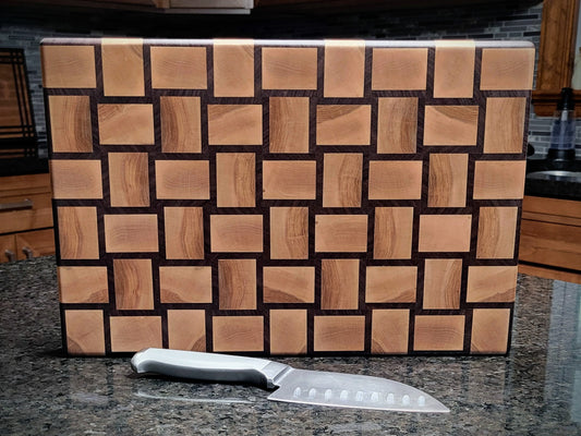End grain cutting board with chef's knife - handmade from walnut and maple