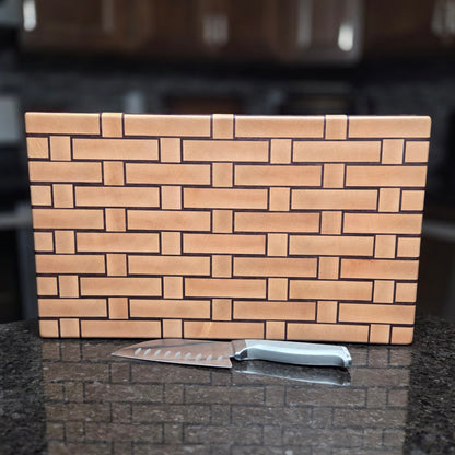 Wooden Cutting board with a woven pattern to look like it's made from wicker.