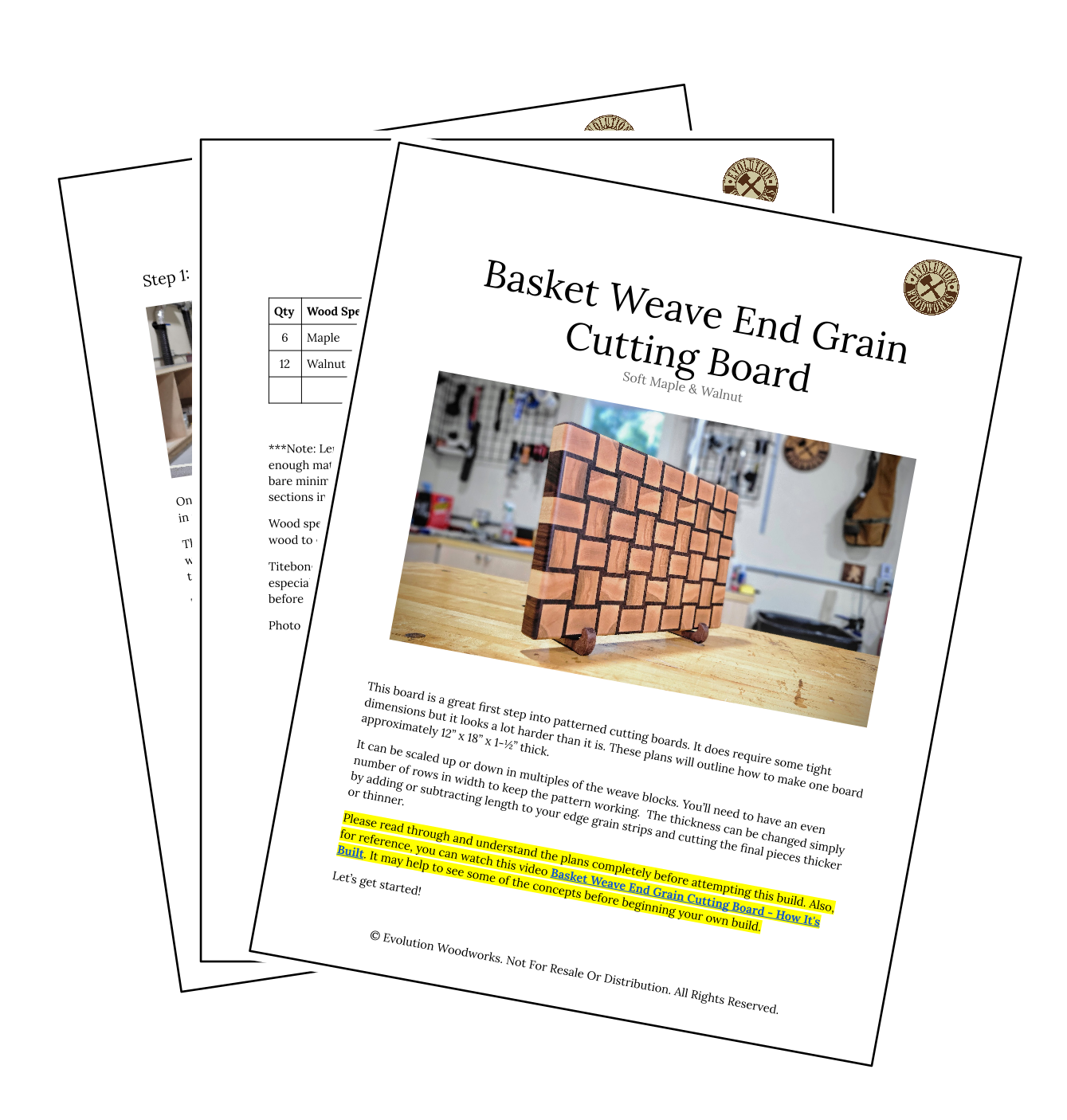 A stack of papers displaying a PDF titled 'Basket Weave End Grain Cutting Board' with a picture of the completed cutting board.
