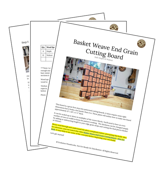 A stack of papers displaying a PDF titled 'Basket Weave End Grain Cutting Board' with a picture of the completed cutting board.