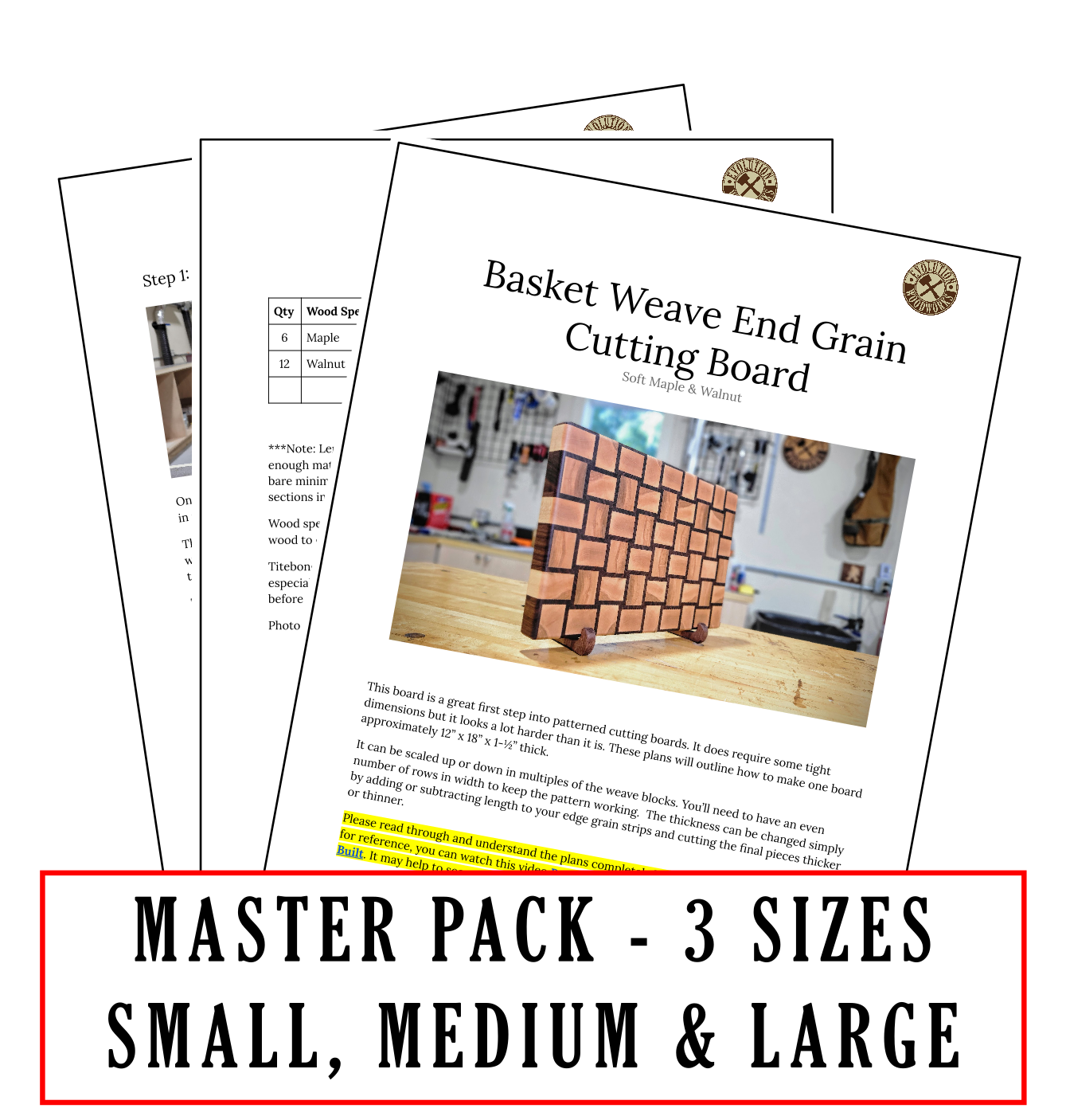 Woodworking cutting board with instructions and a small wooden board on a white background, labeled 'Master Pack - 3 Sizes'.