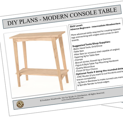 Woodworking plans for a modern console table on printed pages.